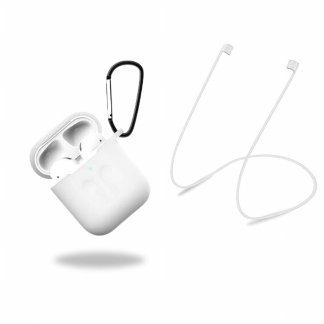 Beskyttelsesetui i silikone med hovedtelefonrem og vedhæng til Apple Airpods, hvid/transparent