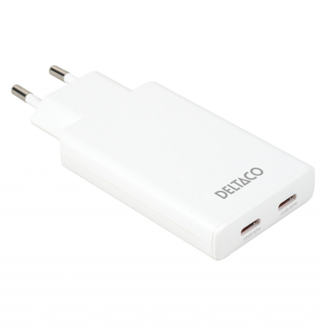 DELTACO USB-C väggladdare 67 W, 2x USB-C PD, slimmad storlek, total effekt 67 W