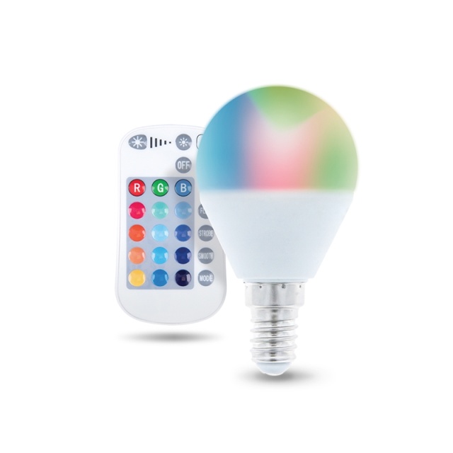 Fjernstyret LED-lampe med RGB, E14, G45, 5W