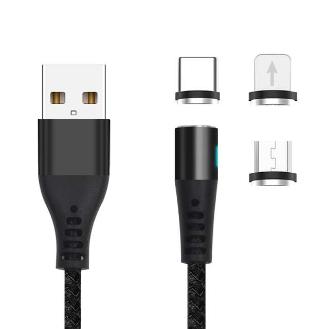 Maxlife MXUC-02 Magnetisk 3-i-1-opladerkabel (Lightning/USB-C/microUSB) Hurtig opladning (2A), sort