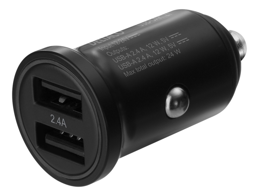 DELTACO 12/24 V USB car charger with dual USB-A ports, 24 W, black