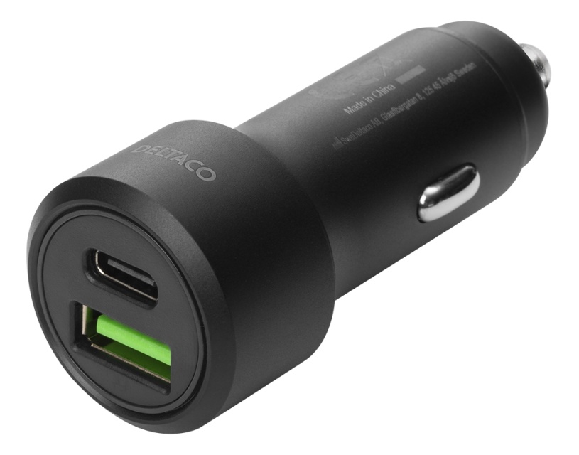 DELTACO USB car charger, 1x USB-C, PD 20 W, 1x USB-A, 18 W, 38W, metal