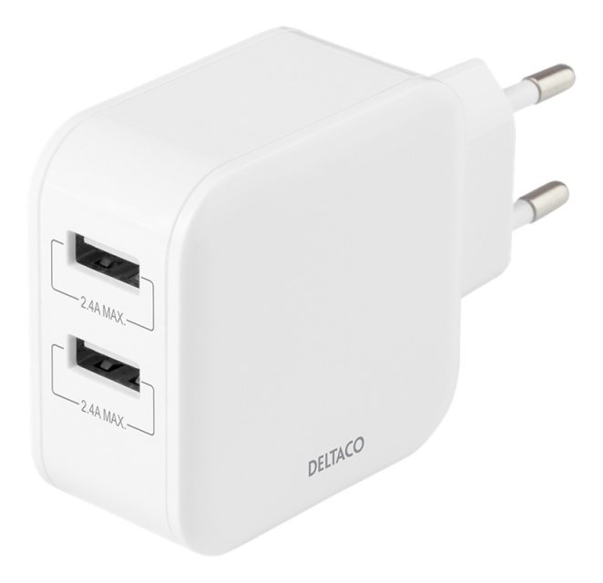 DELTACO Wall charger with dual USB-A ports, 4.8 A, 24 W, white