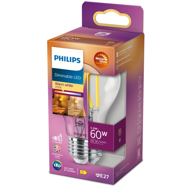 Philips LED E27 Normal 60W Klar Dimbar