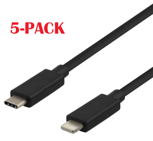 5-PACK Kabel USB-C - Lightning, 2,4A, 1m, Sort