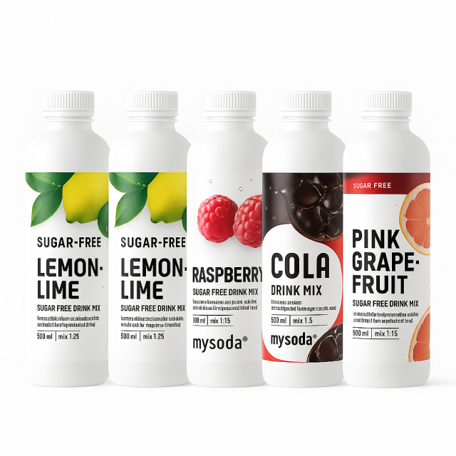 5-pack Mysoda Cola, Grape, Raspberry, Lemon 500ml - Giver 36 liter drik