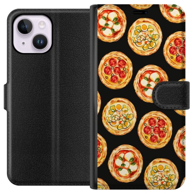 Tegnebogsetui til Apple iPhone 15 Plus med Pizza motiv