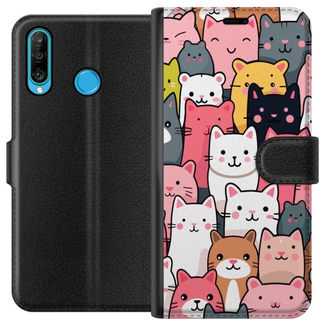 Tegnebogsetui til Huawei P30 lite med Katte mønster motiv