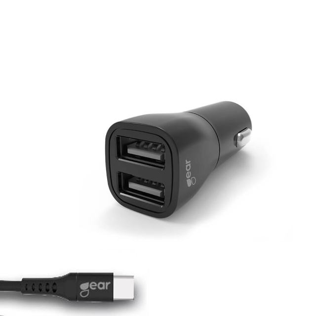 Gear Lader 12-24V 2xUSB 3.4A USB-C 2.0 Kabel 1m Sort