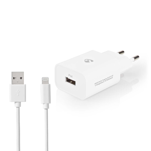 Nedis Vægoplader | 12 W | Hurtigopladningsfunktion | 1x 2.4 A A | Antal output: 1 | USB-A | Lightning 8-Pin (Loose) kabel | 1.00 m | Single Voltage Output | Hvid