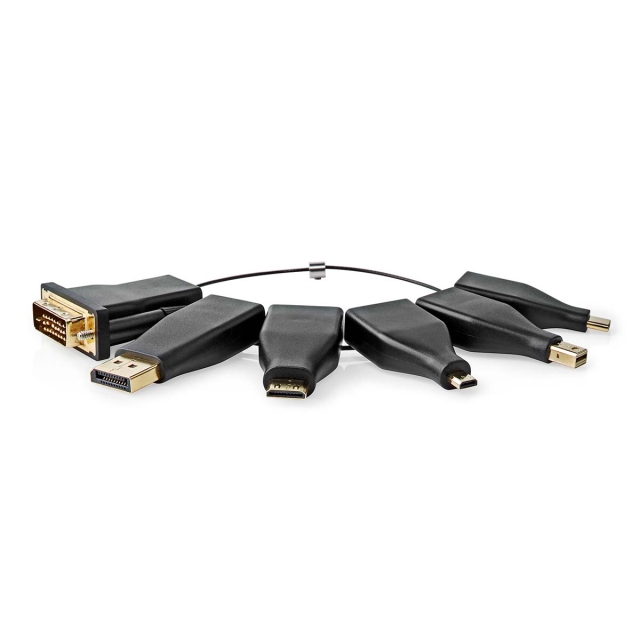 Nedis HDMI™ Adapter | DisplayPort Han / DVI-D 24 + 1-pin han / HDMI™ Micro-stik / HDMI™ Mini-stik / Mini DisplayPort han / USB-C™ Han | HDMI ™ -udgang | Guldplateret | Lige | PVC | Sort | 1 stk. | Box