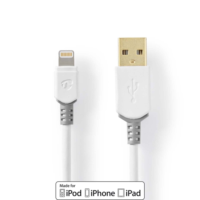 Nedis Lightning Kabel | USB 2.0 | Apple Lightning 8-pin | USB-A Han | 480 Mbps | Guldplateret | 2.00 m | Runde | PVC | Grå / Hvid | Box