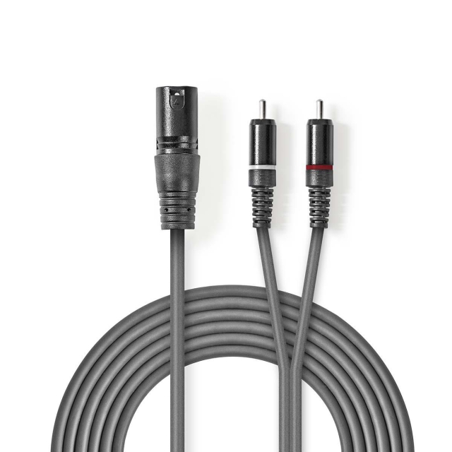 Nedis Balanceret Audio kabel | XLR 3-Pin Han | 2x RCA Hanstik | Nikkelplateret | 3.00 m | Runde | PVC | Mørkegrå | Kartonhylster