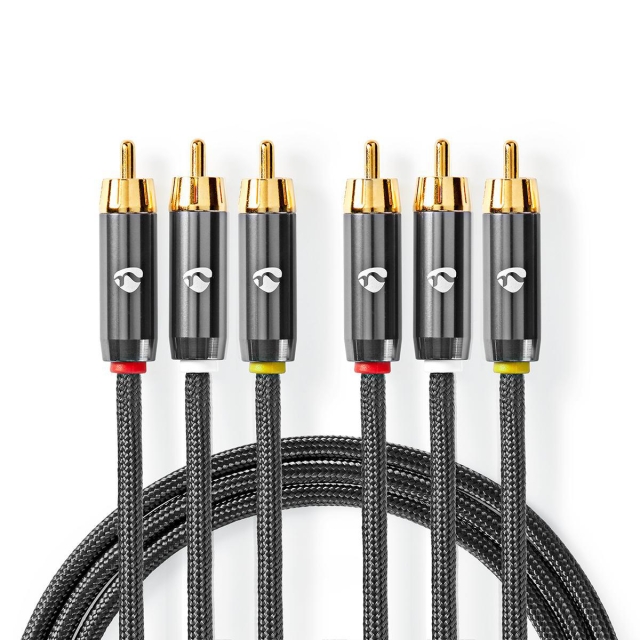 Nedis Composite Video kabel | 3x RCA Han | 3x RCA Han | Guldplateret | 480p | 2.00 m | Runde | Bomuld | Antracit / Gun Metal Grå | Cover Window Box