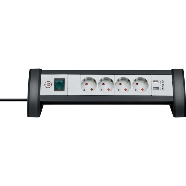 brennenstuhl Premium-Office-Line stikdåse 4-vejs med kontakt (stikdåse til skrivebordet med 1,8 m kabel og 2x USB, maks. 3100 mA, Made in Germany) TYPE F