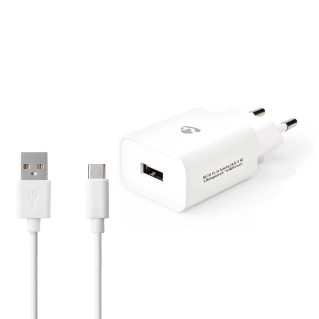 Nedis Vægoplader | 12 W | Hurtigopladningsfunktion | 1x 2.4 A A | Antal output: 1 | USB-A | USB Type C™ (Løs) kabel | 1.00 m | Single Voltage Output | Hvid