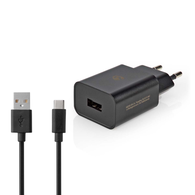 Nedis Vægoplader | 12 W | Hurtigopladningsfunktion | 1x 2.4 A A | Antal output: 1 | USB-A | USB Type C™ (Løs) kabel | 1.00 m | Single Voltage Output | Sort