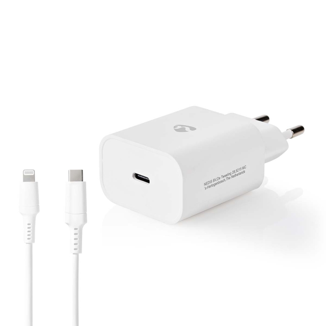 Nedis Vægoplader | 20 W | PD3.0 20W | Hurtigopladningsfunktion | 1.67 A / 2.22 A / 3.0 A | Antal output: 1 | USB-C™ | Lightning 8-Pin (Loose) kabel | 1.00 m | Automatisk Valgt Spænding | Hvid