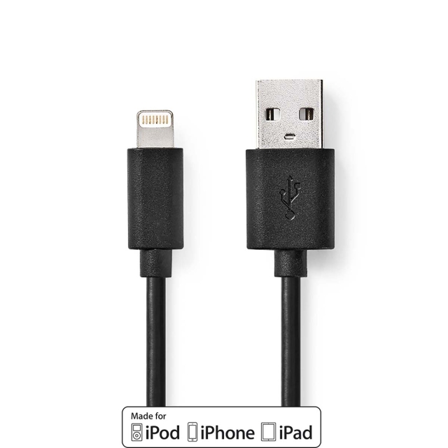 Nedis Lightning Kabel | USB 2.0 | Apple Lightning 8-pin | USB-A Han | 480 Mbps | Nikkelplateret | 1.00 m | Runde | PVC | Sort | Box