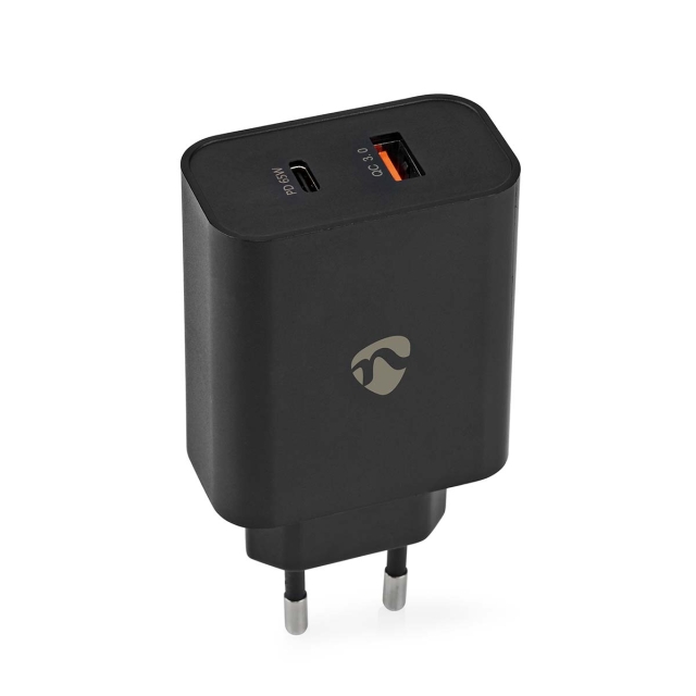 Nedis Vægoplader | 65 W | Hurtigopladningsfunktion | 2.0 / 2.25 A / 3.25 A A | Antal output: 2 | USB-A / USB-C™ | Automatisk Valgt Spænding | Sort