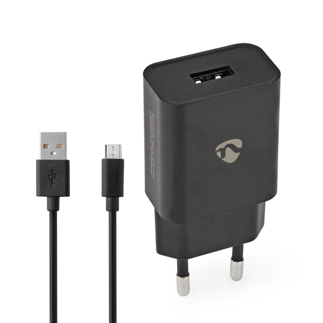 Nedis Vægoplader | 5 W | 1.0 A A | Antal output: 1 | USB-A | Micro USB (Loose) kabel | 1.00 m | Single Voltage Output | Sort
