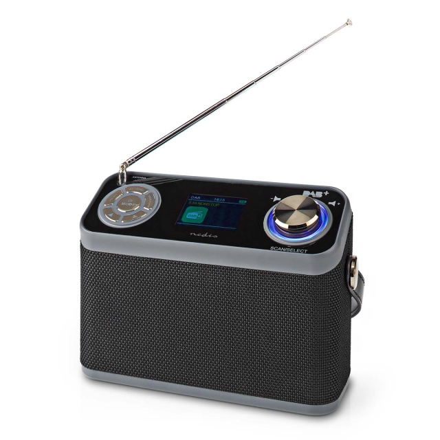 Nedis DAB+ Radio | Borddesign | DAB+ / FM | 2.40 " | Farveskærm | Batteri / Strømforsyning | Digital | 24 W | Bluetooth® | Hovedtelefonudgang | Vækkeur | Sleep timer | IP20 | Håndtag | Sort