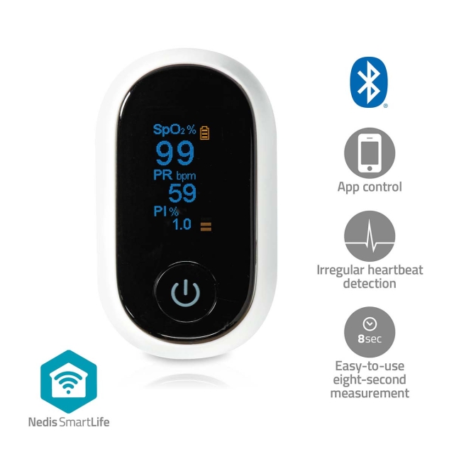 Nedis SmartLife Puls Oximeter | Bluetooth® | LED | Auditiv alarm / Iltmætning (SpO2) / Interferens mod bevægelser / Perfusionsindeks / Pulsfrekvens / Sensor med høj præcision | Hvid