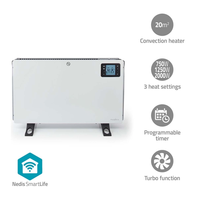 Nedis SmartLife Elradiator | 2000 W | 3 Varmeindstillinger | LCD | 5 - 37 °C | Justerbar termostat | Hvid