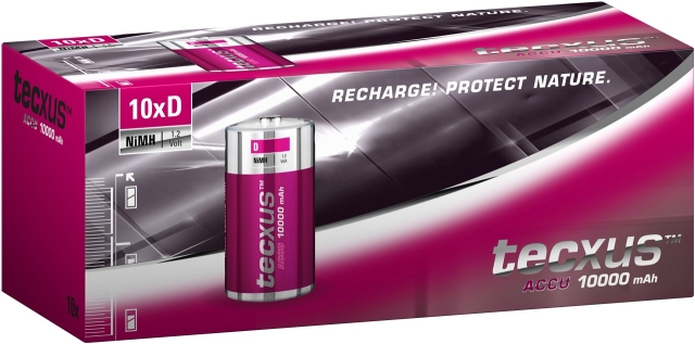 tecxus D (Mono)/HR20 genopladeligt batteri - 10000 mAh, 10 stk. i æske Nikkel-metalhydrid batteri (NiMH), 1,2 V