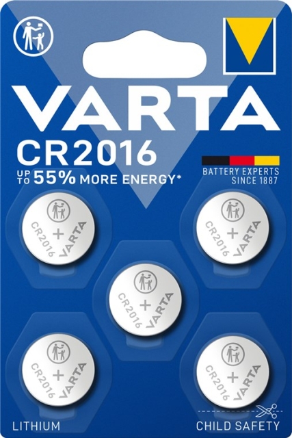 Varta CR2016 (6016) batteri, 5 stk. i blister Lithium-knapcelle, 3 V