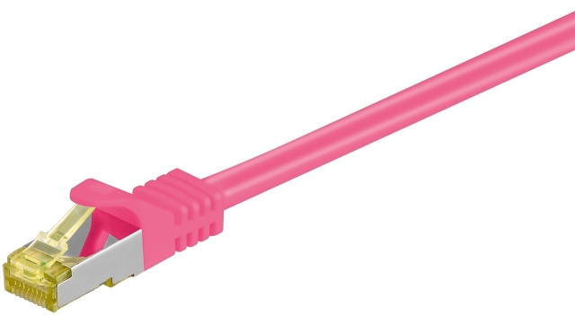 Goobay RJ45 netværkskabel S/FTP (PiMF), 500 MHz, med CAT 7 råkabel, magenta, 1 m LSZH halogenfri kabelkappe, kobber, RJ45-hanstik (CAT 6A)