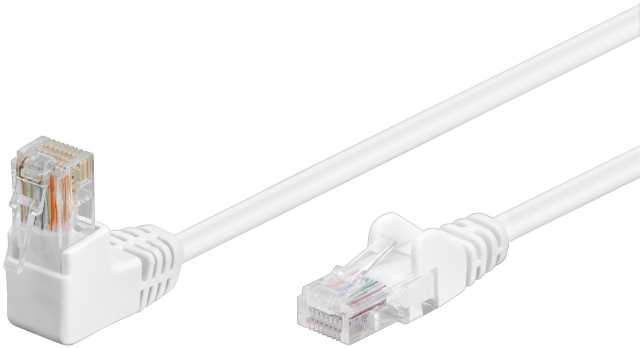 Goobay Netværkskabel CAT 5e vinklet 1x 90°, U/UTP, hvid, 0,5 m kobberbeklædt aluminiumleder (CCA), 1x RJ45-stik 90 ° (8P8C)