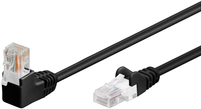 Goobay Netværkskabel CAT 5e vinklet 1x 90°, U/UTP, sort, 2 m kobberbeklædt aluminiumleder (CCA), 1x RJ45-stik 90 ° (8P8C)