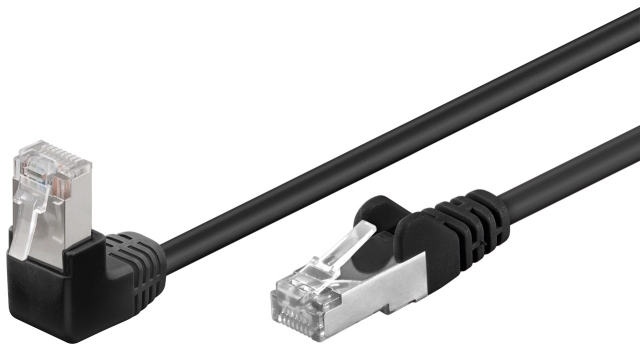 Goobay Netværkskabel CAT 5e vinklet 1x 90°, F/UTP, sort, 5 m kobberbeklædt aluminiumleder (CCA), 1x RJ45-stik 90 ° (8P8C)
