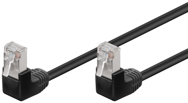 Goobay Netværkskabel CAT 5e vinklet 2x 90°, F/UTP, sort, 3 m kobberbeklædt aluminiumleder (CCA), 2x RJ45-stik 90 ° (8P8C)