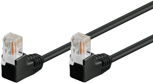 Goobay Netværkskabel CAT 5e vinklet 2x 90°, U/UTP, sort, 5 m kobberbeklædt aluminiumleder (CCA), 2x RJ45-stik 90 ° (8P8C)