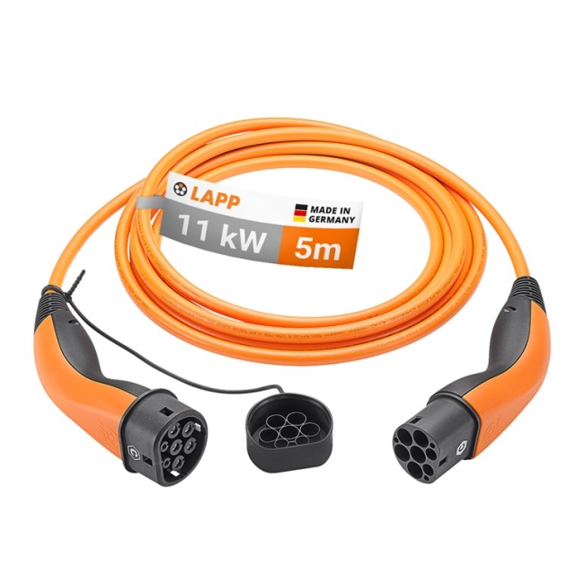 LAPP MOBILITY Type 2 opladningskabel, op til 11 kW, 5 m, orange (5555934025) 20 A, 3-faset, til opladning af hybrid- og elbiler med Type 2-tilslutning
