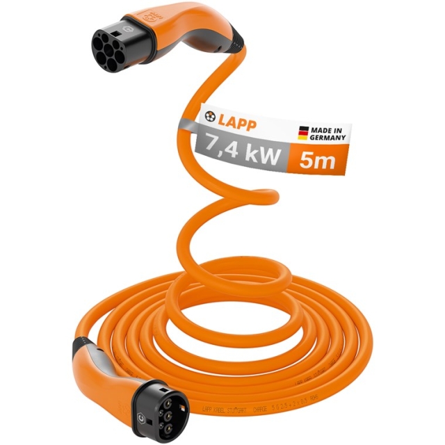 LAPP MOBILITY HELIX Type 2 opladningskabel, op til 7,4 kW, 5 m, orange (5555935014) 32 A, 1-faset, til opladning af hybrid- og elbiler med Type 2-tilslutning