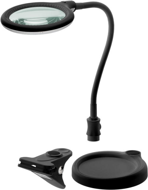 Goobay LED-luplampe med fod/klemme, 6 W, sort 480 lm, 100 mm glaslinse, 1,75x forstørrelse, 3 dioptrier