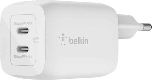 Belkin Boost Charge Pro Dual Port USB-C GaN 65 W PD 3.0 -verkkovirtalaturi, valkoinen