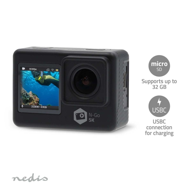 Nedis Action Cam | Dobbelt Skærm | 5K@30fps | 16 MPixel | Vandtæt op til: 30.0 m | 80 min | Wi-Fi | App tilgængelig til: Android™ / IOS | Montering inkluderet | Sort