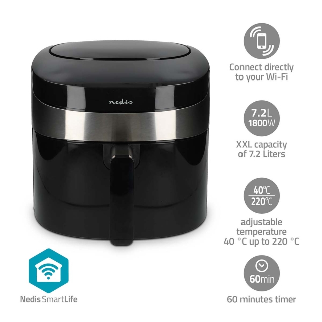 Nedis SmartLife Varmluftfrituregryde | Wi-Fi | 7,2 l | Timer: 60 min | Antal forudindstillede programmer: 8 | Digital | Android™ / IOS | Sort
