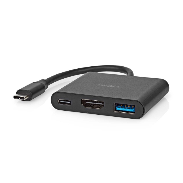 Nedis USB Multi-Port Adapter | 3-in-1 | USB 3.2 Gen 1 | USB-C™ Han | HDMI ™ -udgang / USB-A Hun / USB-C™ Hun | 5 Gbps | 0.10 m | Runde | Nikkelplateret | PVC | Sort | Box