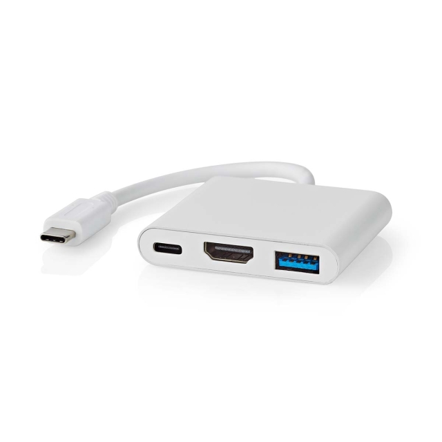 Nedis USB Multi-Port Adapter | 3-in-1 | USB 3.2 Gen 1 | USB-C™ Han | HDMI ™ -udgang / USB-A Hun / USB-C™ Hun | 5 Gbps | 0.10 m | Runde | Nikkelplateret | PVC | Hvid | Box