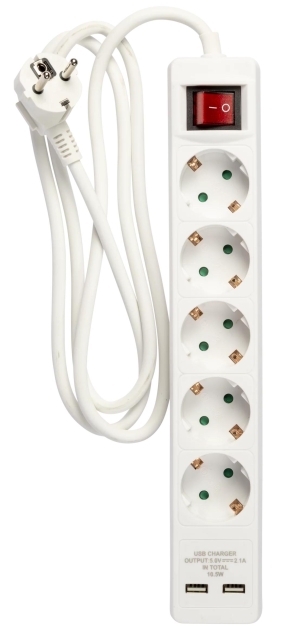 Nordic Quality 5-vägskontakt jordad, 2xUSB-A (3x1,5mm²), 1,5m