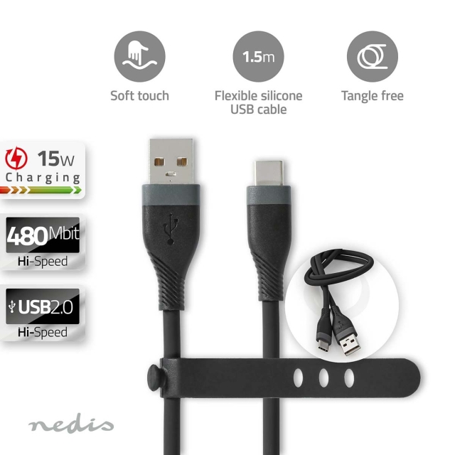 Nedis USB-kabel | USB 2.0 | USB-A Han | USB-C™ Han | 15 W | 480 Mbps | Nikkelplateret | 1.50 m | Runde | Silikone | Sort | Box