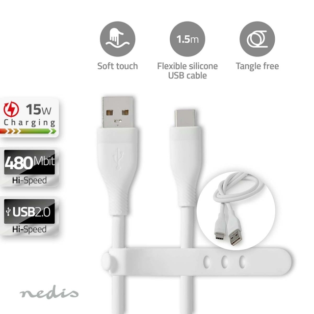 Nedis USB-kabel | USB 2.0 | USB-A Han | USB-C™ Han | 15 W | 480 Mbps | Nikkelplateret | 1.50 m | Runde | Silikone | Hvid | Box