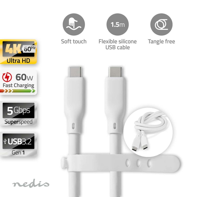 Nedis USB-kabel | USB 3.2 Gen 1 | USB-C™ Han | USB-C™ Han | 60 W | 4K@60Hz | 5 Gbps | Nikkelplateret | 1.50 m | Runde | Silikone | Hvid | Box
