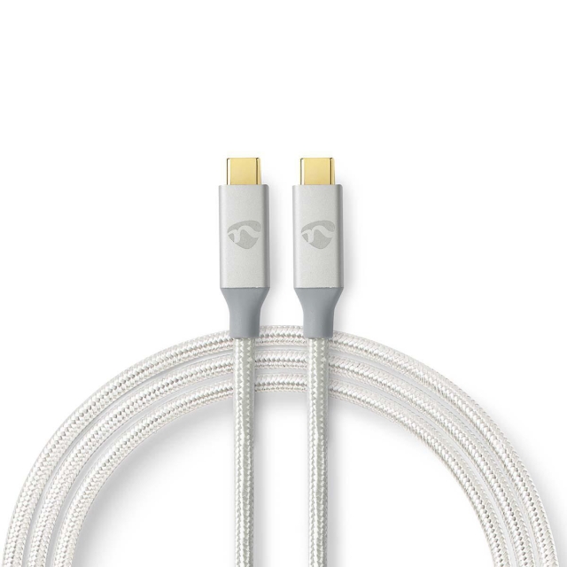 Nedis USB-kabel | USB 3.2 Gen 2x2 | USB-C™ Han | USB-C™ Han | 100 W | 4K@60Hz | 20 Gbps | Guldplateret | 1.00 m | Runde | Flettet / Nylon | Sølv | Cover Window Box