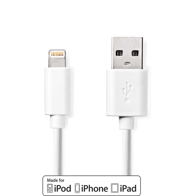 Nedis Lightning Kabel | USB 2.0 | Apple Lightning 8-pin | USB-A Han | 480 Mbps | Nikkelplateret | 3.00 m | Runde | PVC | Hvid | Label